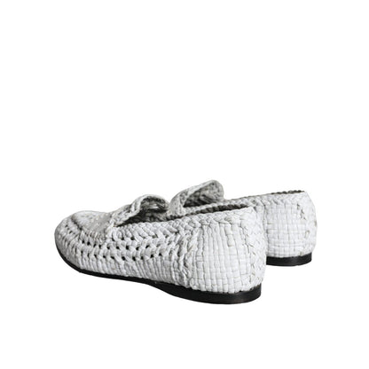 Dolce & Gabbana White Woven Leather Slip On Loafers Men Shoes, rear view showing intricate weave and craftsmanship.