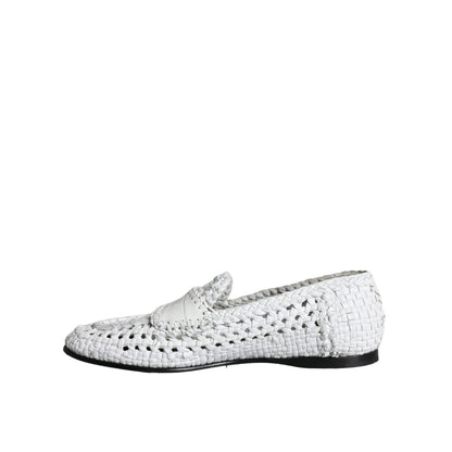 Dolce & Gabbana White Woven Leather Slip On Loafers Men Shoes, preowned with very minor wear, exclusive design, showing side view.