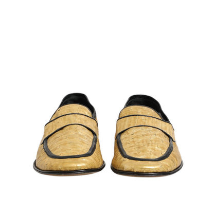 Dolce & Gabbana Yellow Black Leather Slip On Loafers Shoes