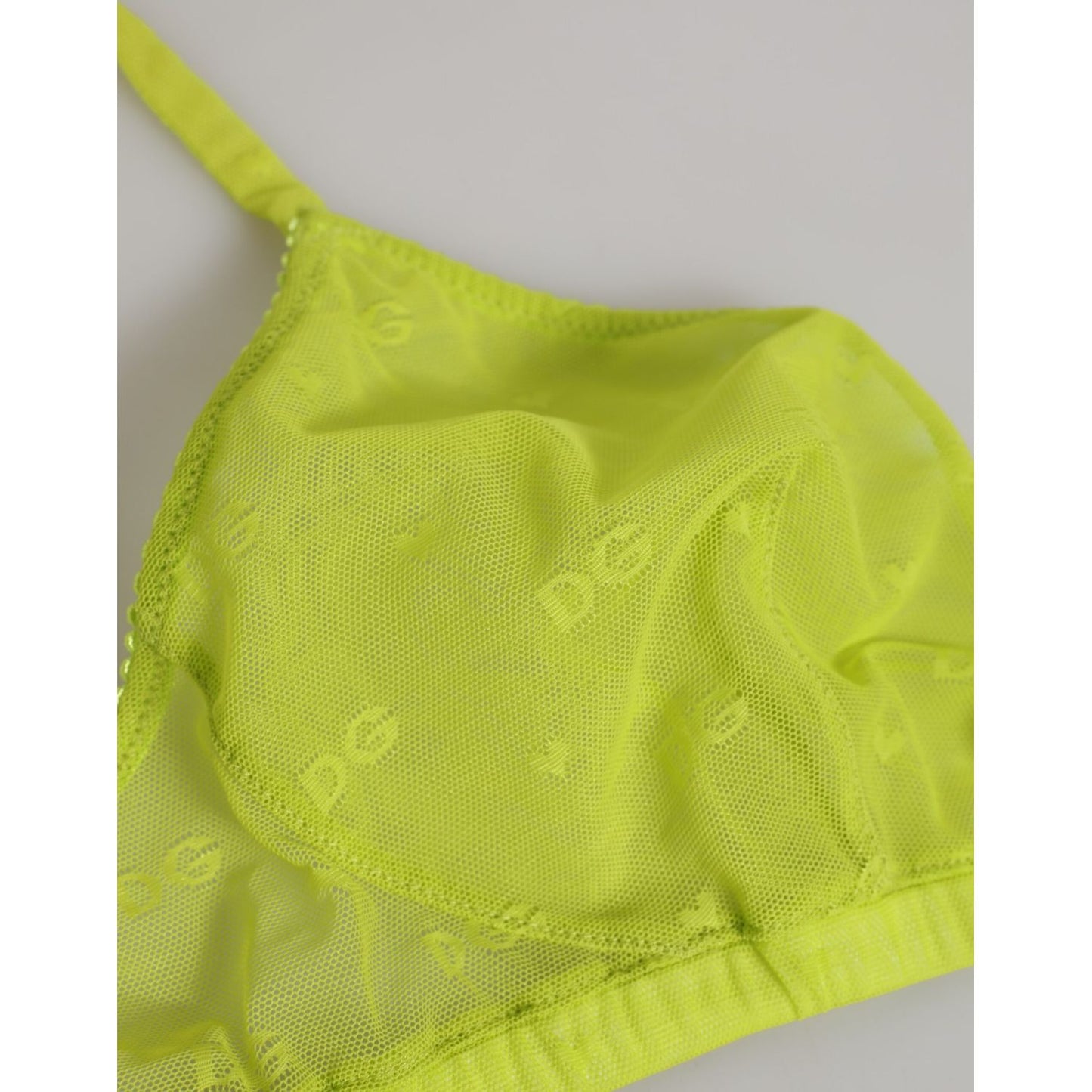 Dolce & Gabbana Yellow Green Nylon Soft Cup Brassiere Underwear with logo detail and mesh design, close-up view.