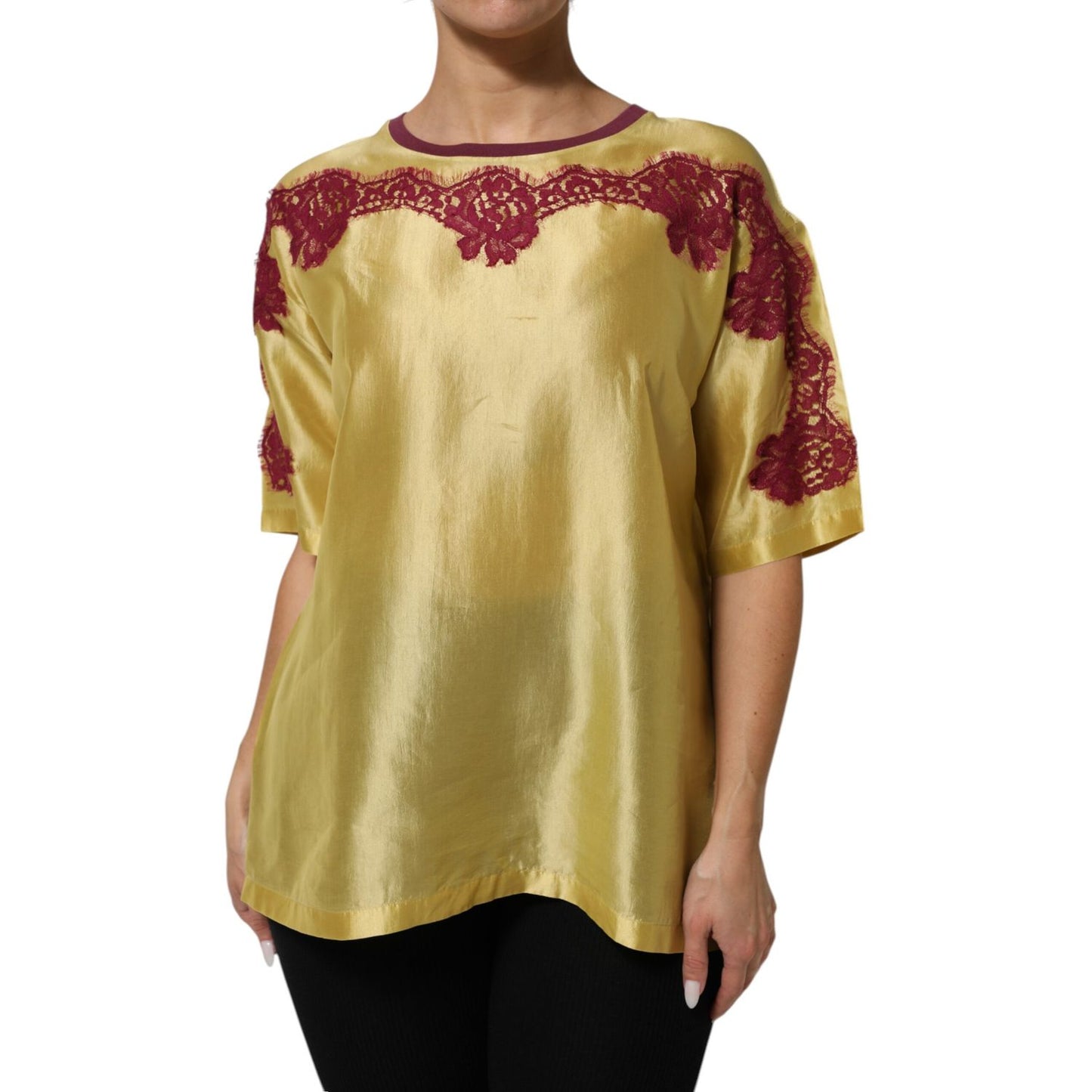Dolce & Gabbana Yellow Silk Satin Floral Lace Short Sleeves Top