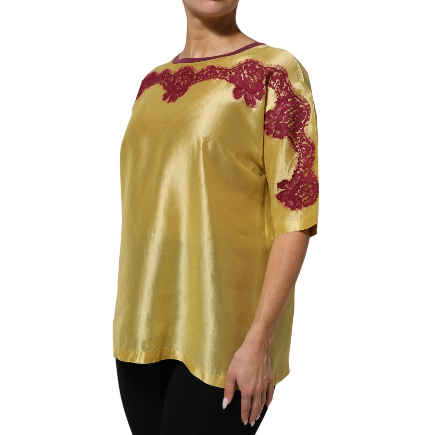 Dolce & Gabbana Yellow Silk Satin Floral Lace Short Sleeves Top