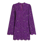 Dolce & Gabbana bell sleeves Lace mini dress in amethyst purple with front tie and rear zip fastening