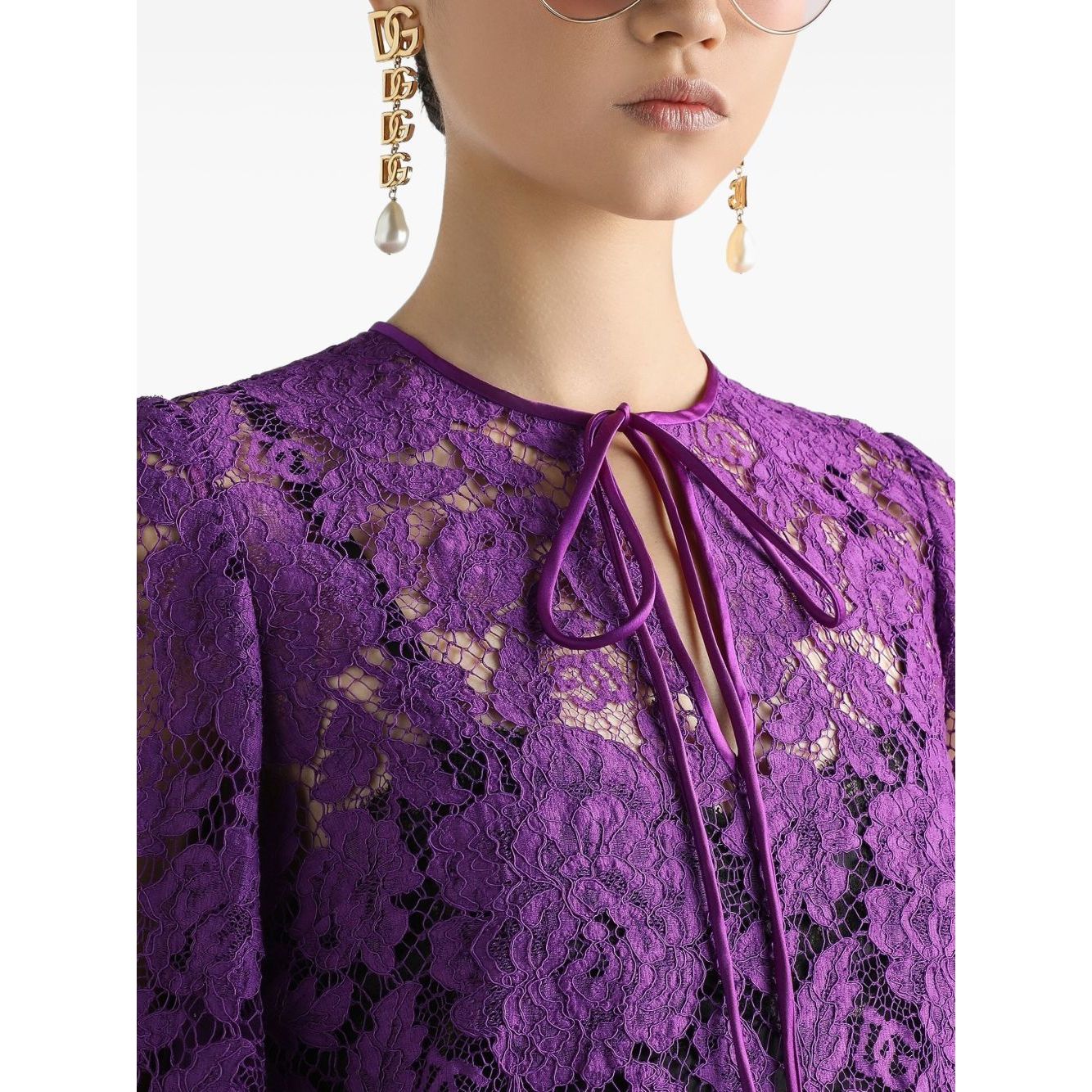 Amethyst purple Dolce & Gabbana bell sleeves Lace mini dress with front tie and crew neck detail.