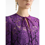 Amethyst purple Dolce & Gabbana bell sleeves Lace mini dress with front tie and crew neck detail.