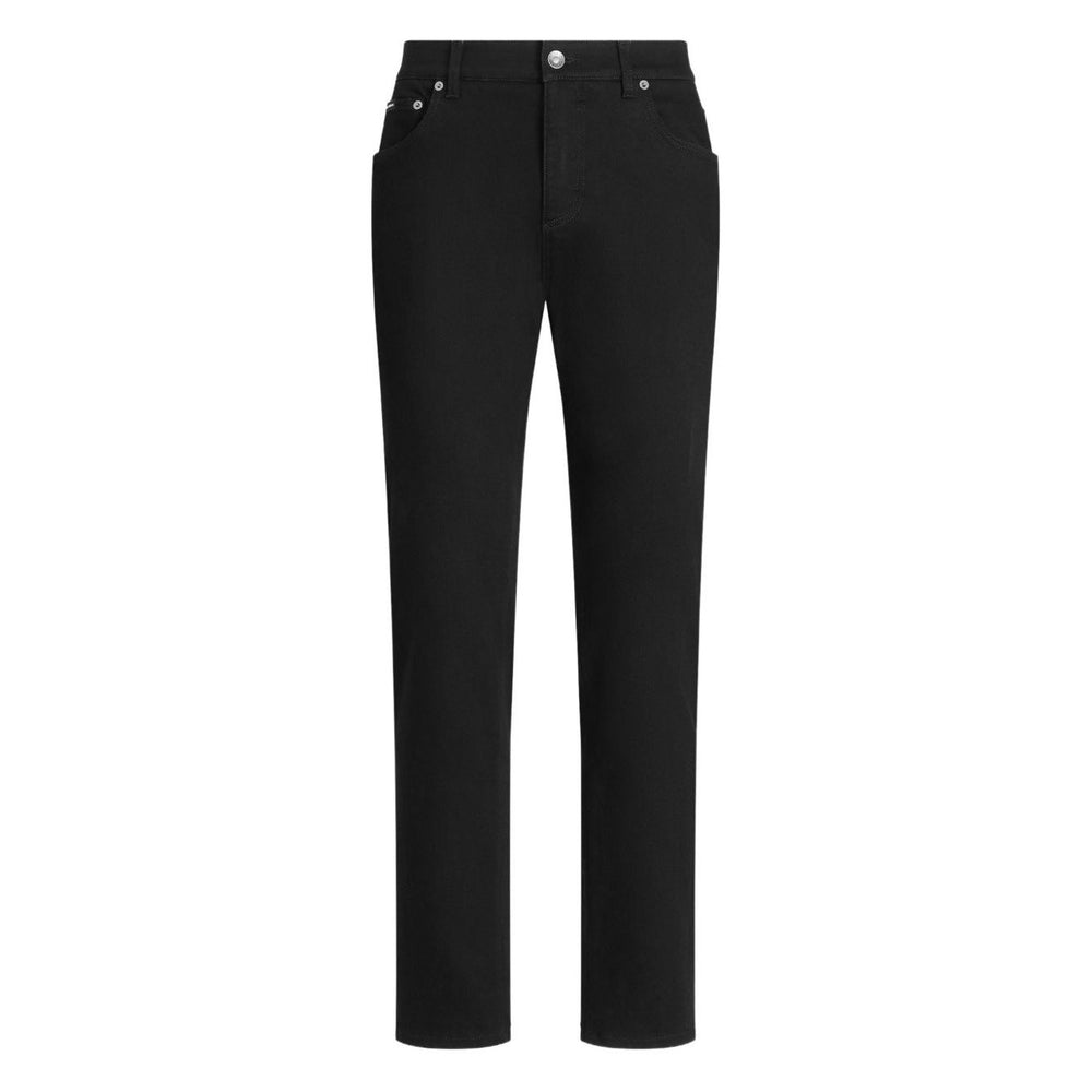 Black Dolce & Gabbana five pockets logo plaque Denim cotton jeans with front button fastening and classic belt loops.
