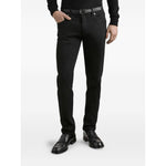 Model wearing Dolce & Gabbana five pockets logo plaque Denim cotton jeans black with classic design and front button fastening.
