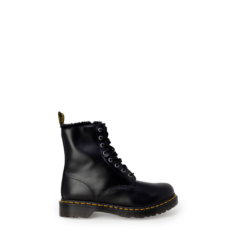 Dr. Martens Black Leather Boot with lace-up closure and sturdy rubber sole, iconic style for women's fashion and comfort.