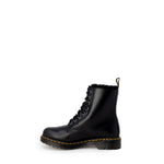 Dr. Martens Black Leather Boot with lace-up, rubber sole, iconic design for women, perfect balance of style and comfort.