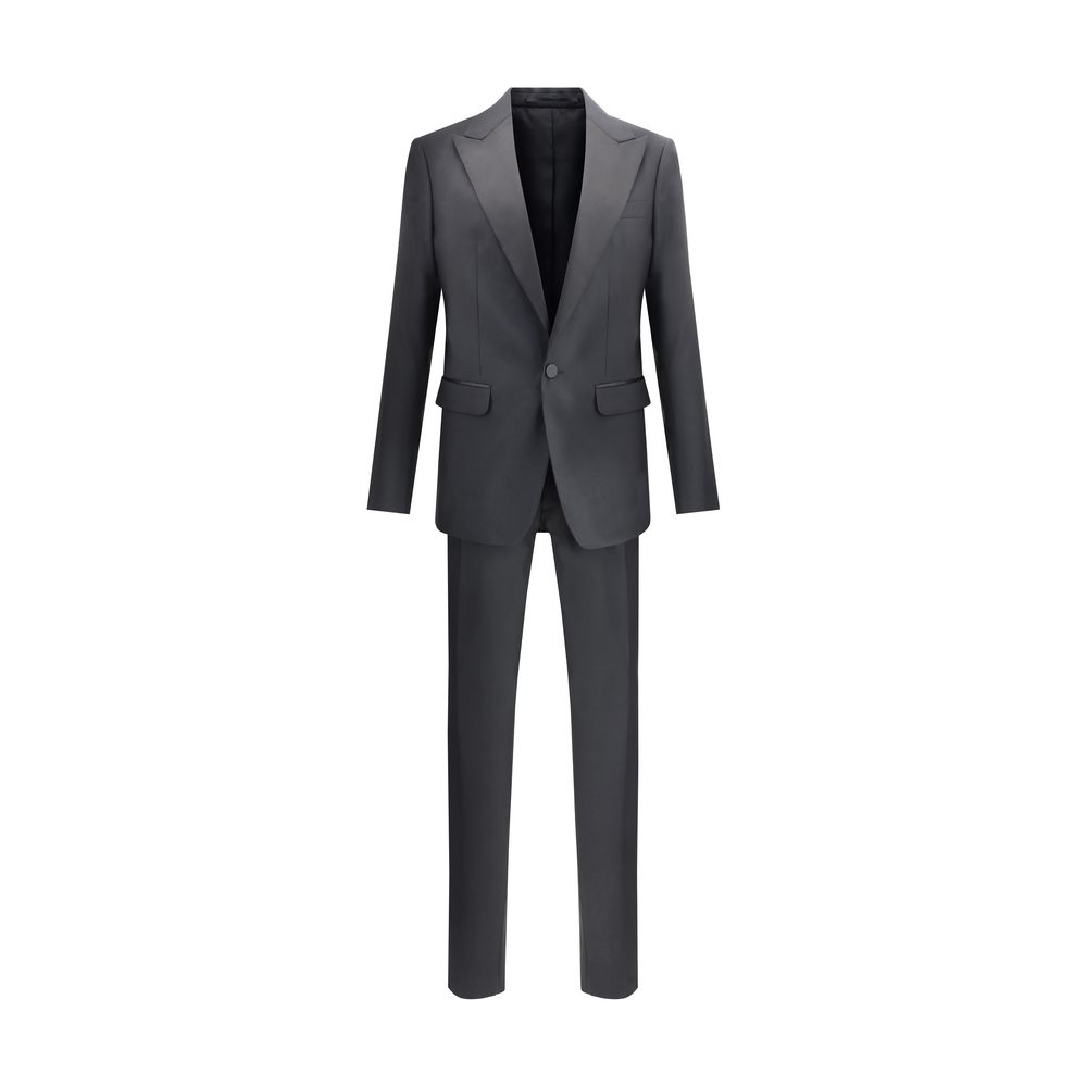 Dsquared² Black Fleece Wool Two-Piece Suit with peak lapels and tailored fit, featuring blazer and matching trousers.