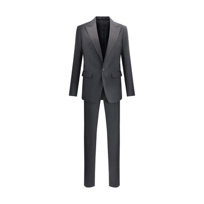 Dsquared² Black Fleece Wool Two-Piece Suit with peak lapels and tailored fit, featuring blazer and matching trousers.