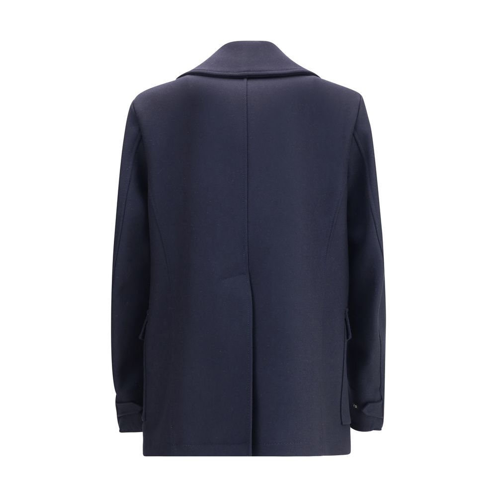 Back view of Dsquared² Blue Wool Coat with classic lapels and double-breasted button closure, featuring side flap pockets and back slit.