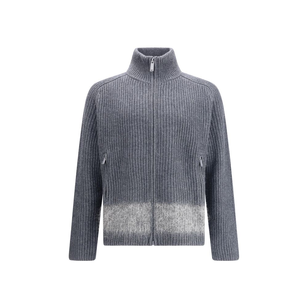Alt Tag: Dsquared² Gray Wool Cardigan with high collar and mohair band, featuring ribbed knit and double-slider zipper for a stylish look.