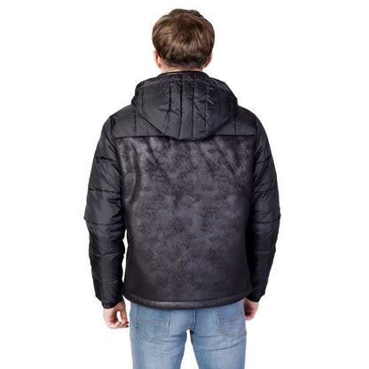 Back view of EA7 Emporio Armani Black Polyester Shell Jacket with hood, showcasing water-resistant design and stylish appeal.