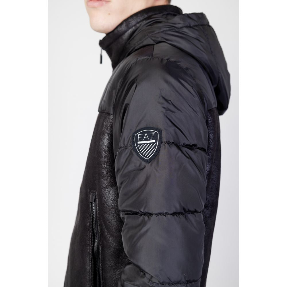 Side view of EA7 Emporio Armani Black Polyester Shell Jacket with logo on sleeve, showcasing water-resistant features and sleek design.