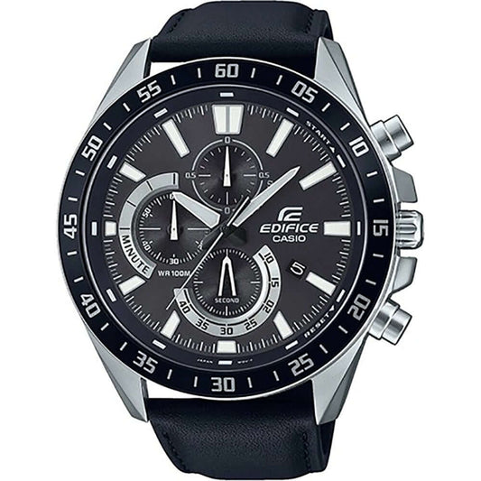 CASIO EDIFICE Mod. STANDARD CHRONO: 50mm stainless steel watch, leather strap, quartz movement, chronograph, date function, water resistant.