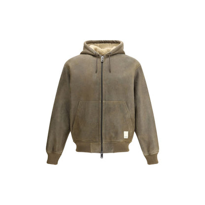 Emporio Armani Brown Lamb Ovis Aries Aries Bomber with hood and front pockets, featuring ribbed fleece cuffs and hem.