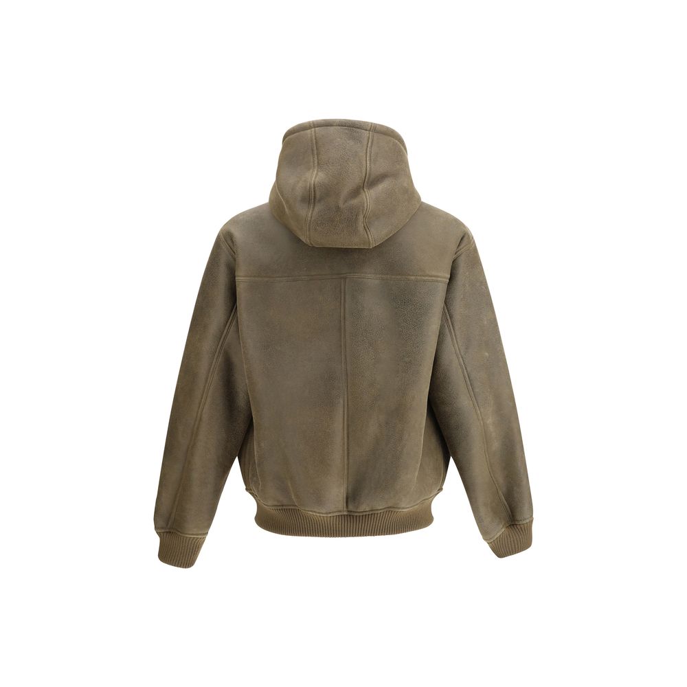 Back view of Emporio Armani Brown Lamb Ovis Aries Aries Bomber with hood and ribbed cuffs, showcasing urban style and craftsmanship.