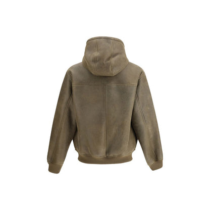 Back view of Emporio Armani Brown Lamb Ovis Aries Aries Bomber with hood and ribbed cuffs, showcasing urban style and craftsmanship.