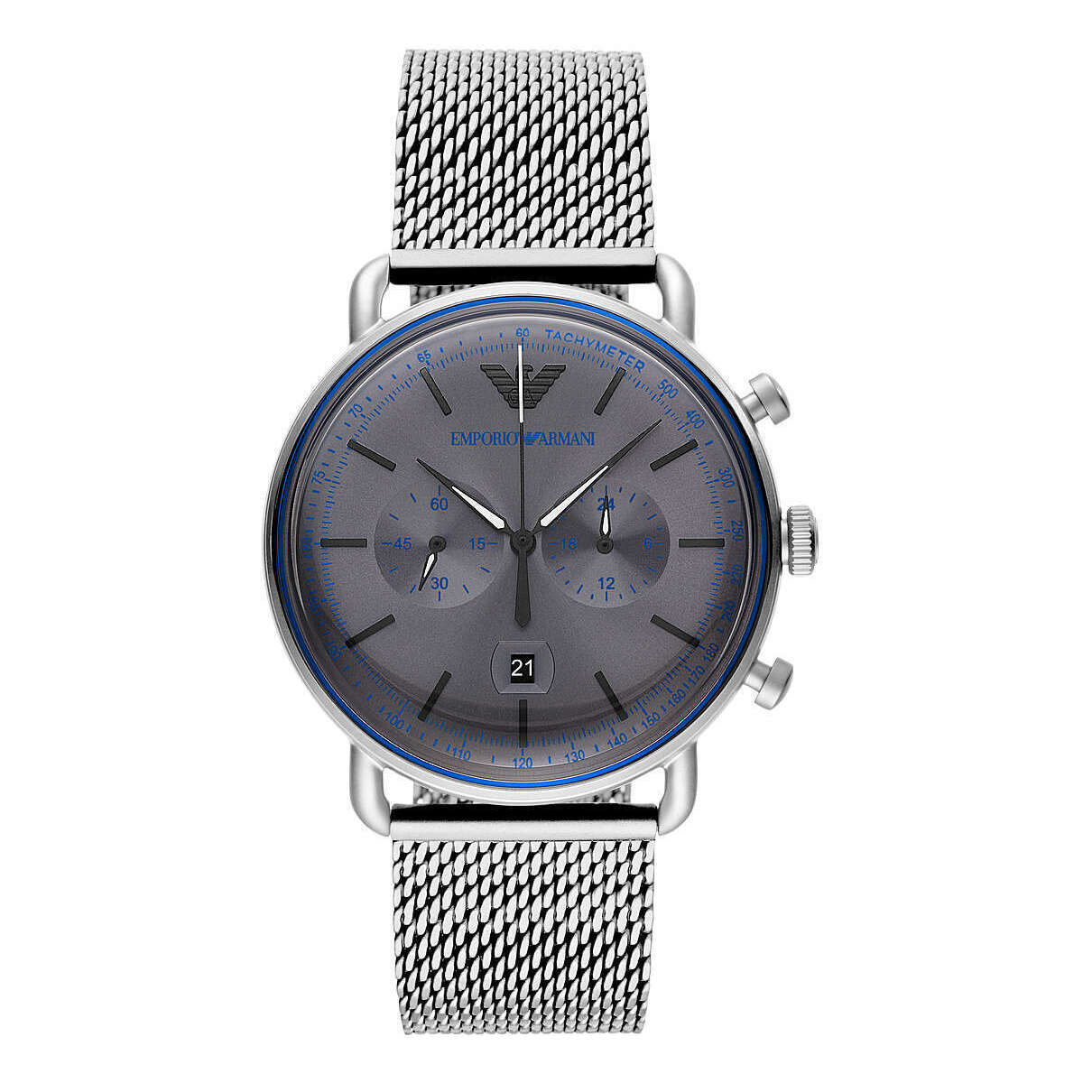 Emporio Armani Sophisticated Silver Steel Chronograph Watch with grey dial on mesh strap