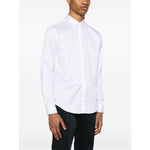 Emporio Armani shirt, white with concealed front, classic collar, long sleeves, buttoned cuffs, cotton, modeled at 6ft 1in wearing size 39
