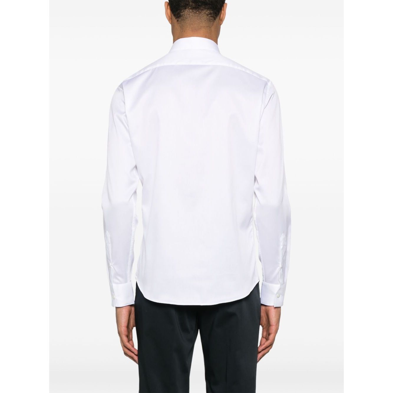 Back view of Emporio Armani shirt, white concealed front button, classic collar, long sleeves, buttoned cuffs, cotton, model is 6ft 1in wearing size 39.