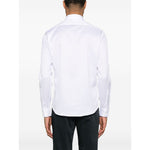 Back view of Emporio Armani shirt, white concealed front button, classic collar, long sleeves, buttoned cuffs, cotton, model is 6ft 1in wearing size 39.
