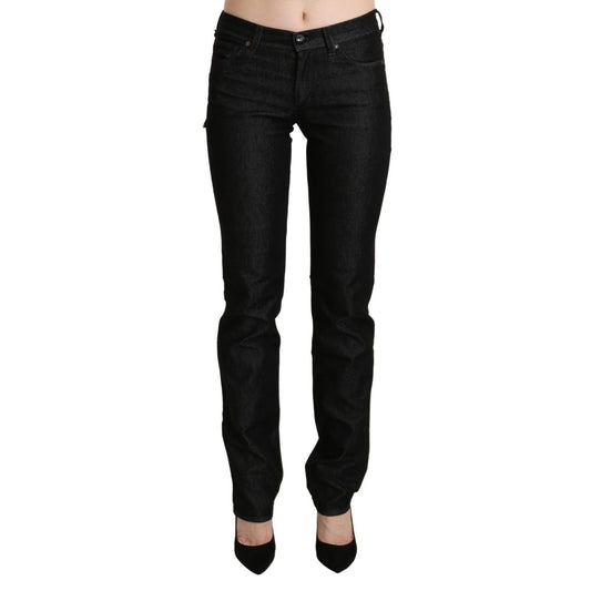 Ermanno Scervino Black Mid Waist Skinny Slim Denim Trouser with zipper closure and logo details, made in Italy, 100% cotton.