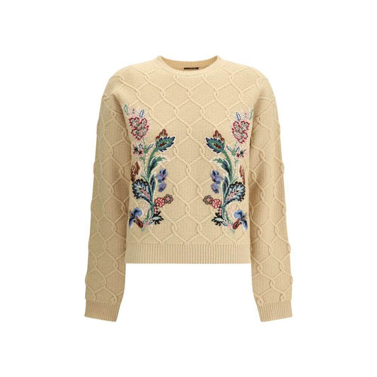 Etro Beige Wool Sweatshirt with floral embroidery on front, showcasing ribbed crew neck and cuffs, elegant design for AW25 season.