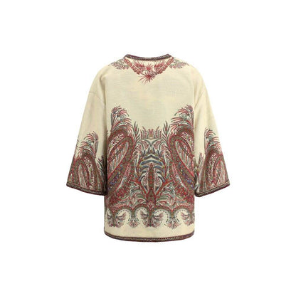 Back view of Etro Multicolor Polyester Cloacks showcasing floral Paisley motif and braided trimmings with kimono sleeves.