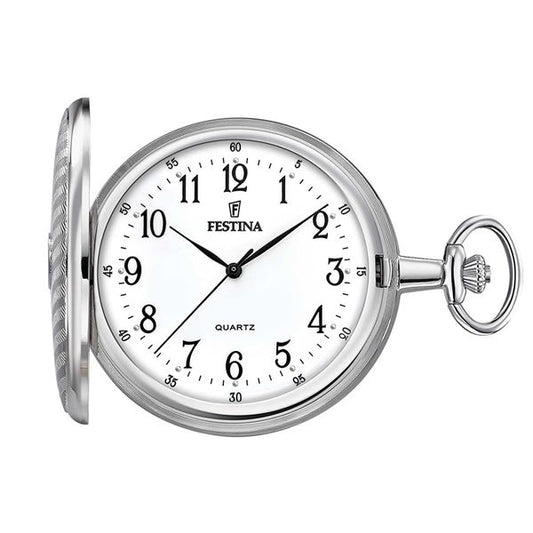 FESTINA WATCHES Mod. F2023/1 silver pocket watch with open cover and white dial displaying black numerals and hands