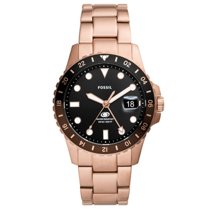 FOSSIL Mod. FS6027 wristwatch, rose gold stainless steel, 10 ATM water resistant, quartz movement, black dial with date function.