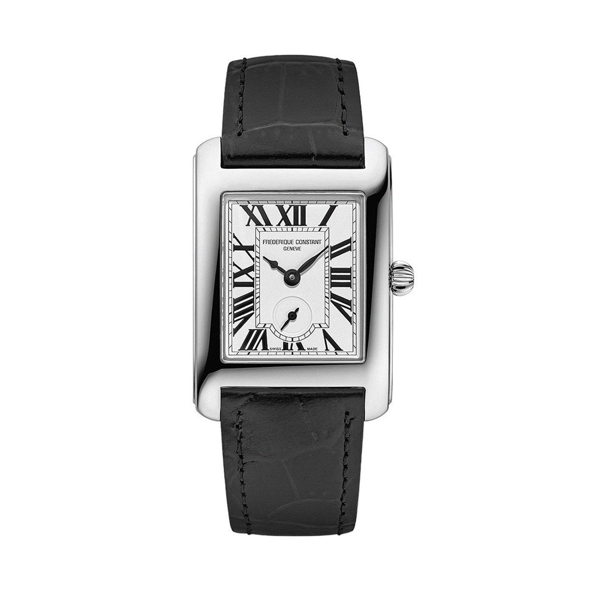 Luxury wristwatch, FREDERIQUE CONSTANT MOD. FC-235S2C6, featuring black leather strap and white dial with Roman numerals.