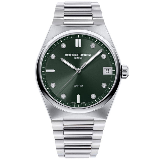 Luxury watch FREDERIQUE CONSTANT MOD. FC-240GRD2NH6B with green dial and stainless steel bracelet, elegant design, date display.