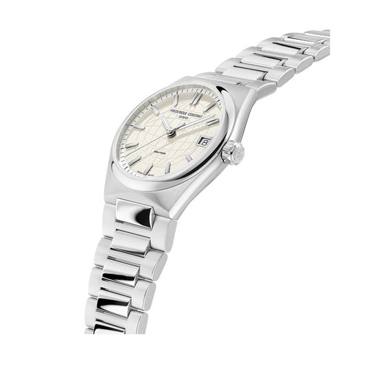 FREDERIQUE CONSTANT MOD. FC-240SI2NH6B luxury watch with stainless steel bracelet and silver dial displayed at an angle.