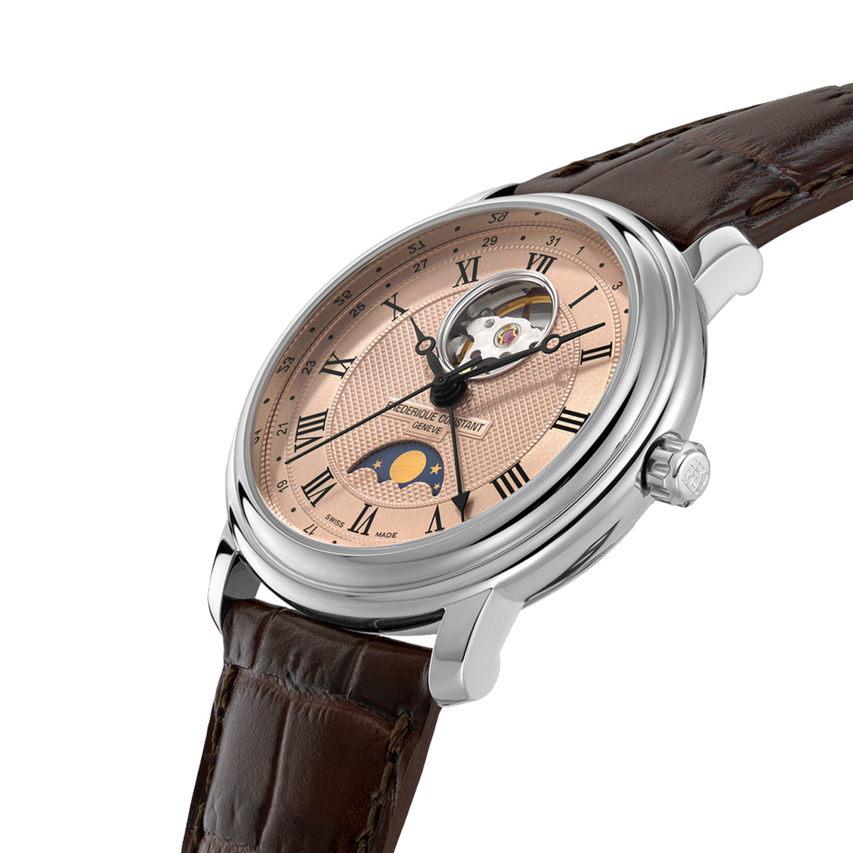 FREDERIQUE CONSTANT WATCHES Mod. FC-335MCSALB4P26 luxury wristwatch with brown leather strap and elegant dial.