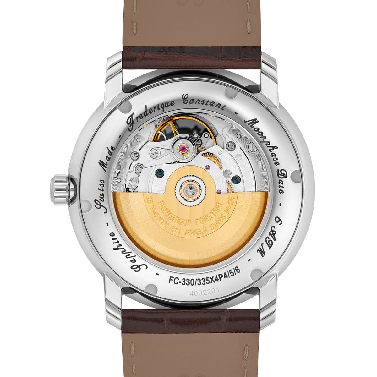 FREDERIQUE CONSTANT WATCHES Mod. FC-335MCSALB4P26 showcasing watch mechanism with leather strap.