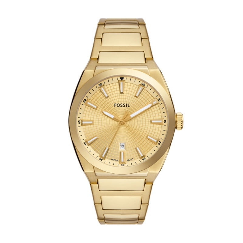 FOSSIL Mod. EVERETT wristwatch for gents, 42mm case, shown with official packaging. Modern design in luxurious gold tone.