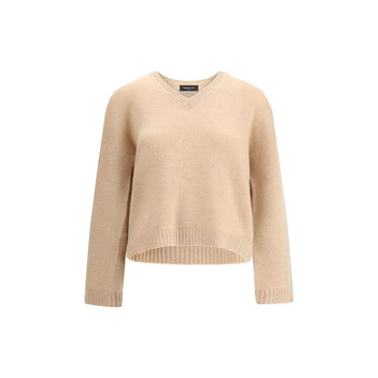 Fabiana Filippi Beige Cashmere Cashmere Sweater with ribbed V-neck and hem, offering elegance and comfort, AW25 season, 100% Kashmir.