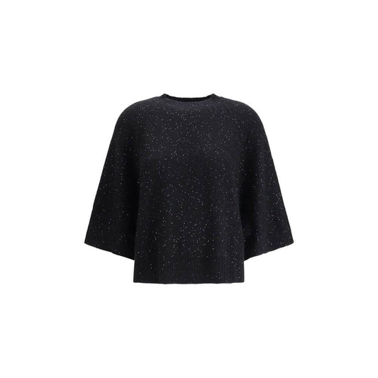 Fabiana Filippi Black Fleece Wool Sweatshirt with sequin detail, ribbed crew neck, and wide 3/4 sleeves for a modern AW25 look.