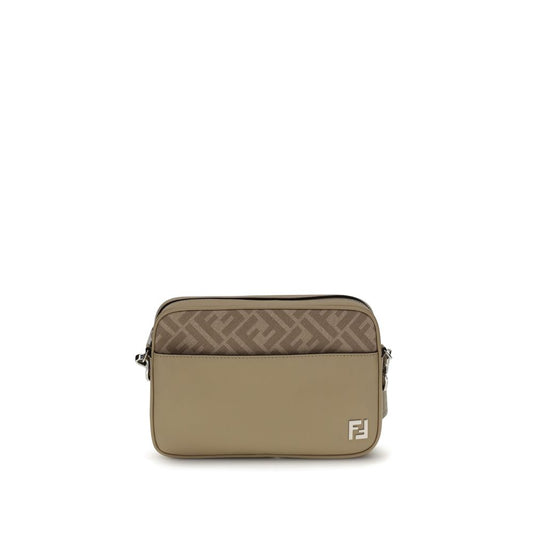 Fendi Beige Leather Shoulder Bag with FF canvas, metal appliqué, and crossbody strap for stylish and compact wear.