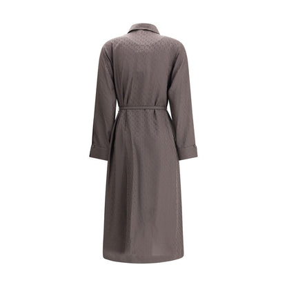 Back view of Fendi Brown Silk Casual Dress with a jacquard check pattern, featuring shirt-style collar and cuffs.
