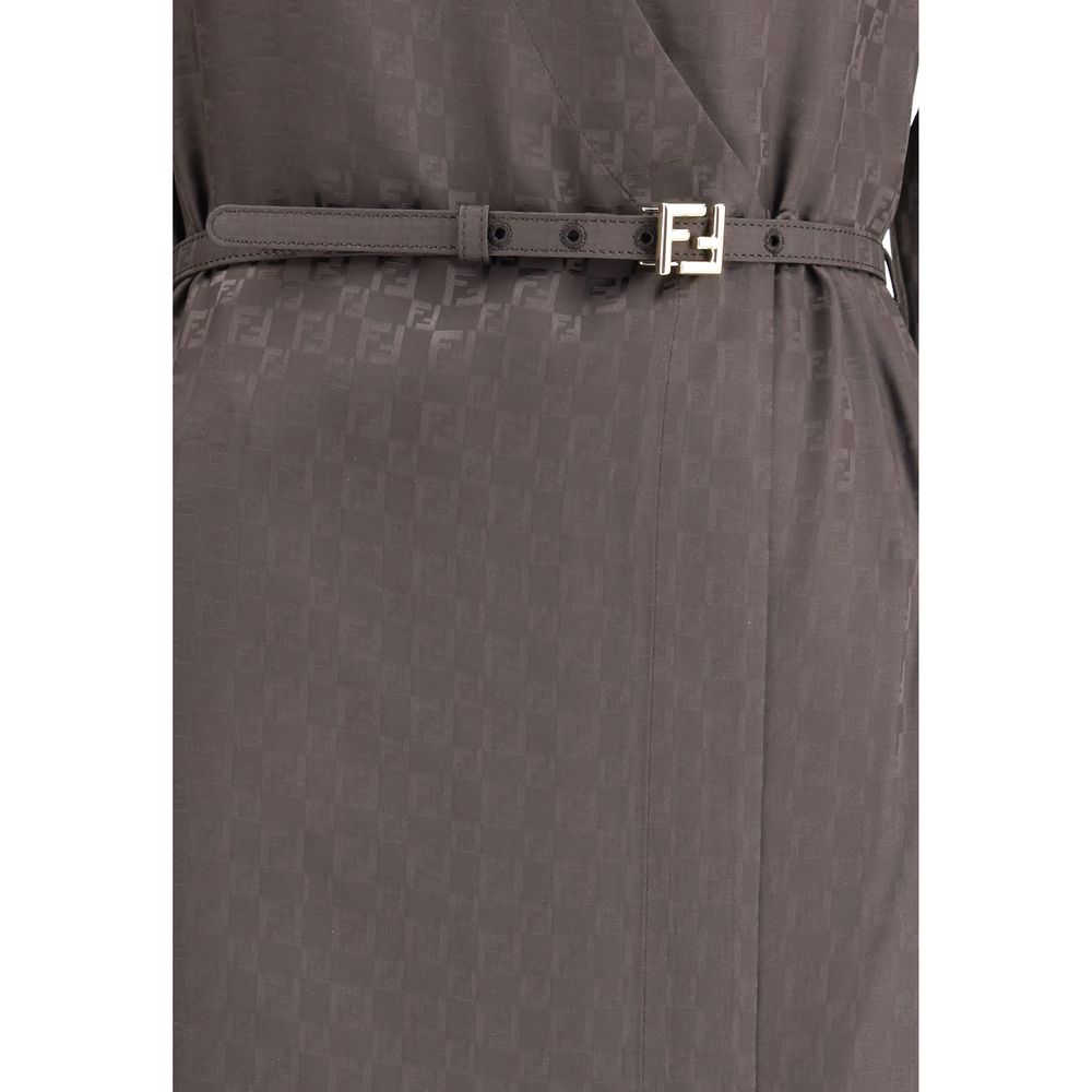 Close-up of Fendi Brown Silk Casual Dress featuring FF check pattern and belt detail.