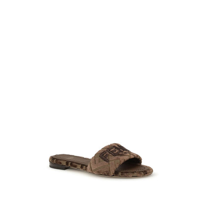 Fendi Brown Viscose Flat Sandals with embroidered logo, round open toe, and signature insole for AW25.