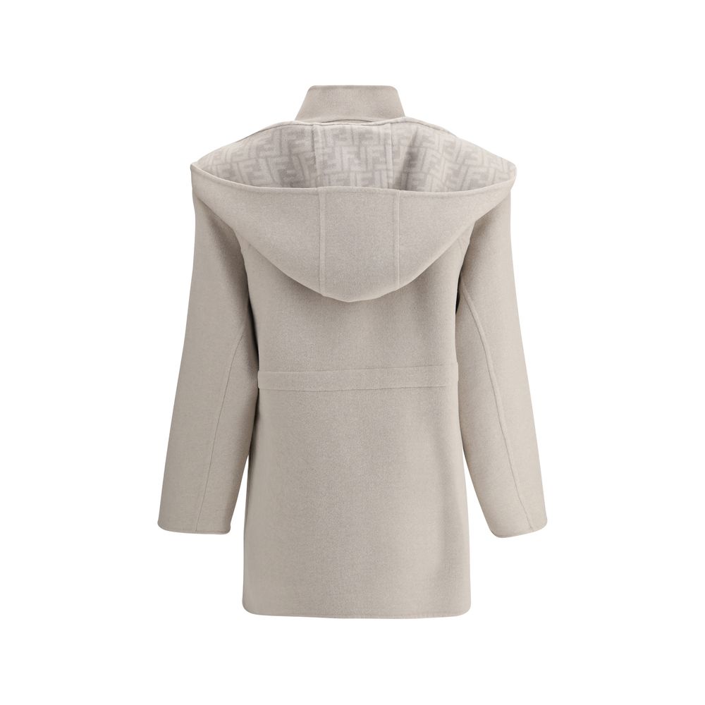 Back view of Fendi Cream Wool Coat with removable hood, showcasing its design ideal for winter fashion.