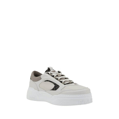 Fendi White Calf Leather Bos Taurus Low Top Sneakers with paneled design and textured sole for comfort and style.
