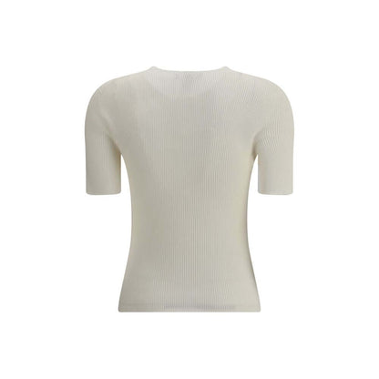 Back view of Fendi White Silk T-Shirt with ribbed knit and short sleeves, showcasing an elegant and sophisticated design.