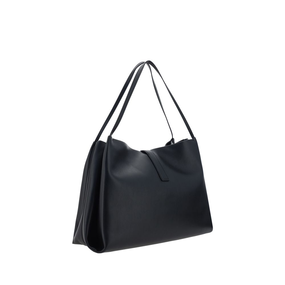 Ferragamo Black Calf Leather Bos Taurus Handbag with double top handles and iconic logo, grained leather design, front view.