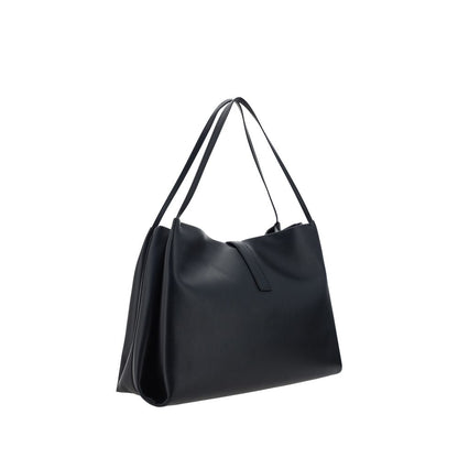 Ferragamo Black Calf Leather Bos Taurus Handbag with double top handles and iconic logo, grained leather design, front view.