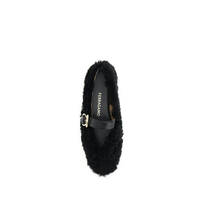 Ferragamo Black Fur Ballet Flats with Gancini buckle, top view.